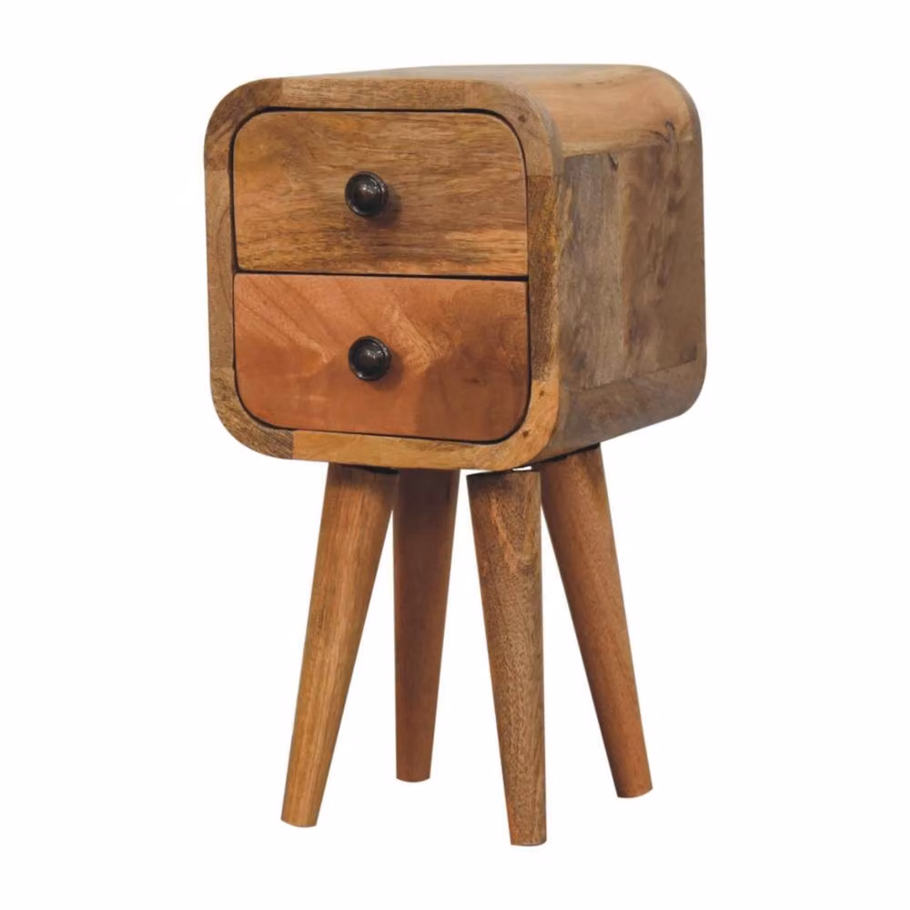 Direct Wicker Extra Mini Curved Oak-ish Bedside Table with 2 Drawers in Brown, Solid Mango Wood – 2