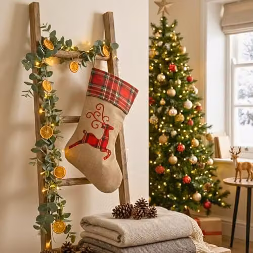 Shatchi Reindeer Christmas Stocking in Brown Burlap Hessian Linen, 45 cm – 7