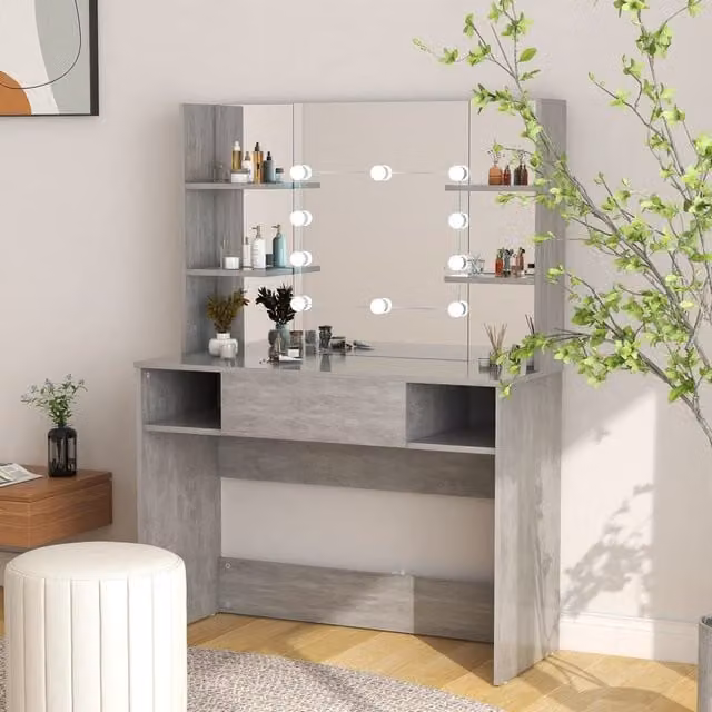 Berkfield Home Modern Makeup Table with Hollywood LED Lights in Concrete Grey, W: 100 cm, D: 40 cm, H: 135 cm – 1