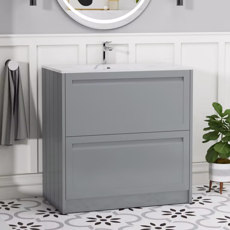 Royal Bathrooms Elmore Traditional Floor Standing 2 Drawer Vanity Unit with Carrara White Basin, Matt Pebble Grey, Width: 80 cm