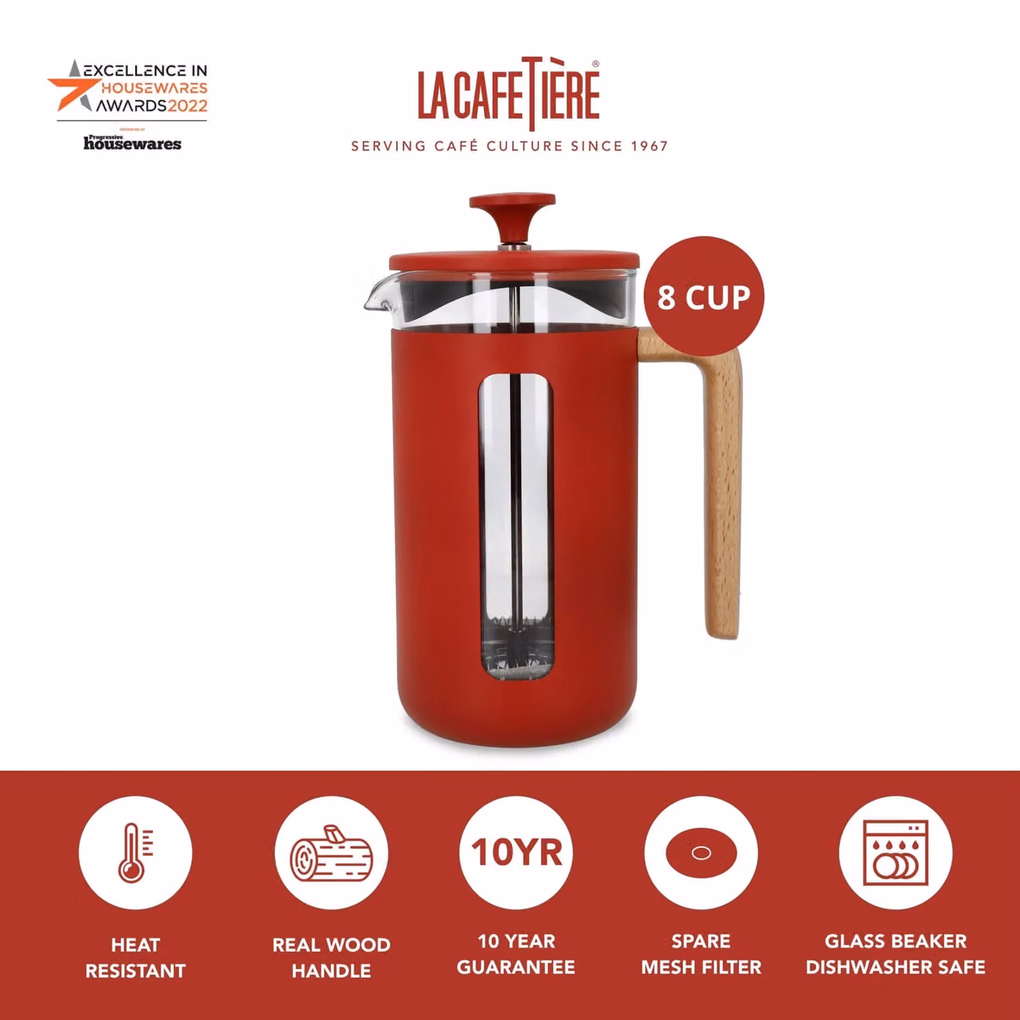 La Cafetiere Pisa Stainless Steel French Press Cafetiere, Red, 0.94 l – 3