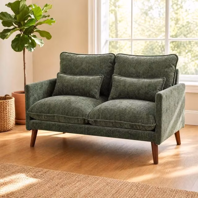 STILVORA 2 Seater Green Velvet Sofa with Scatter Cushions and Mixed Padding