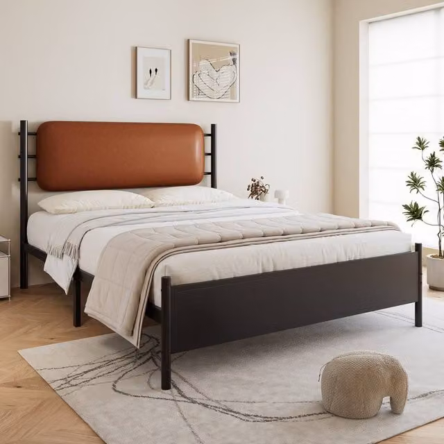 BTM Metal Bed with Black PU Upholstered Headboard, Double, W/D/H: 140 x 200 x 135 cm