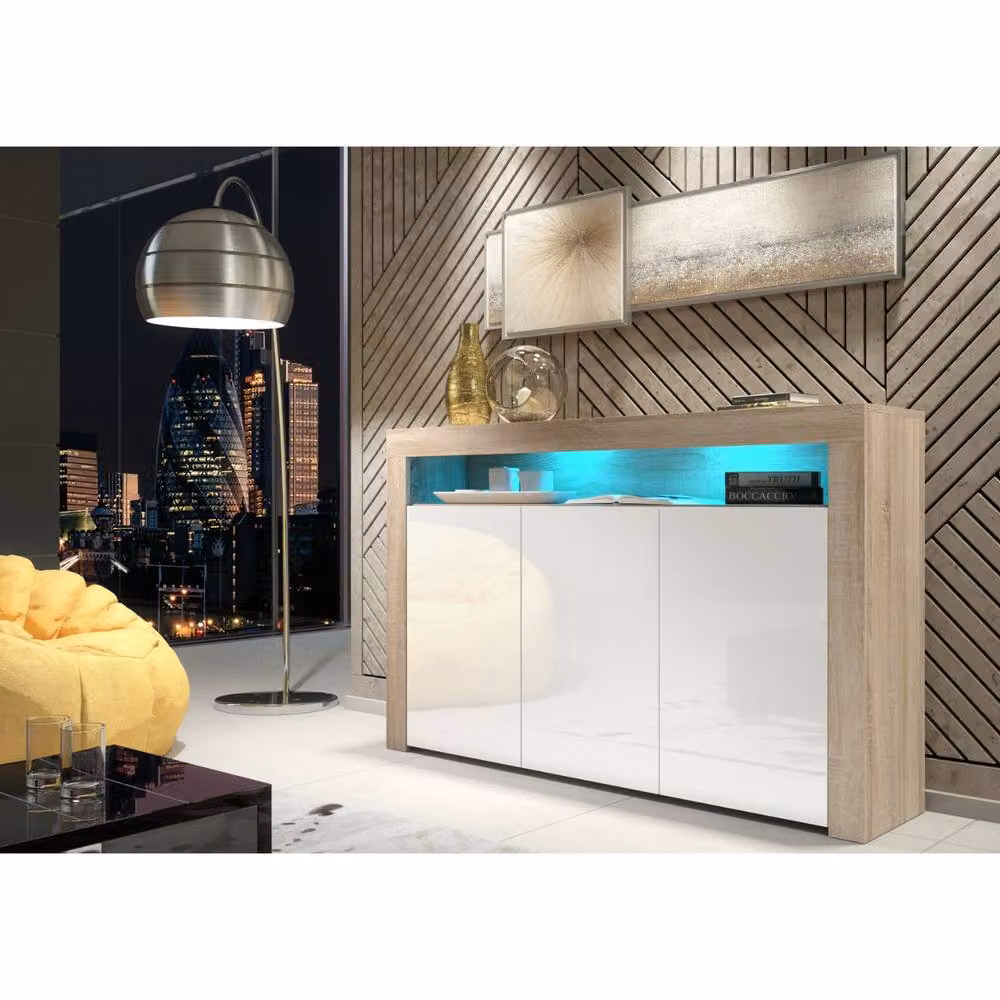 Mex Furniture LTD Aether Sideboard in Oak and White Gloss with Integrated LED Lighting, W: 155 cm, H: 92 cm, D: 40 cm – 2