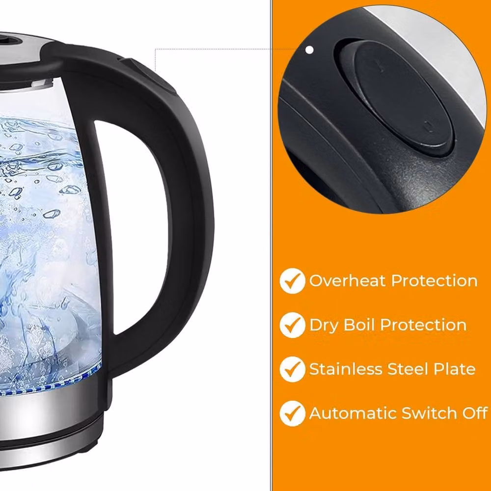 Crystals 1.8L Glass Electric Kettle with 360 Degree Base and Blue LED Light, 1500W, Clear, Diameter: 24 cm – 7