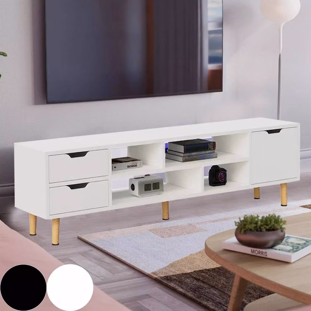 FORGEVIO High Gloss Modern TV Stand Entertainment Cabinet in White with 1 Door and 4 Storage Compartments – 3