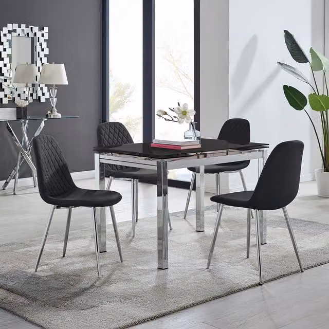 FurnitureboxUK Enna Black Glass Extending Dining Table and 4 Corona Silver Leg Chairs