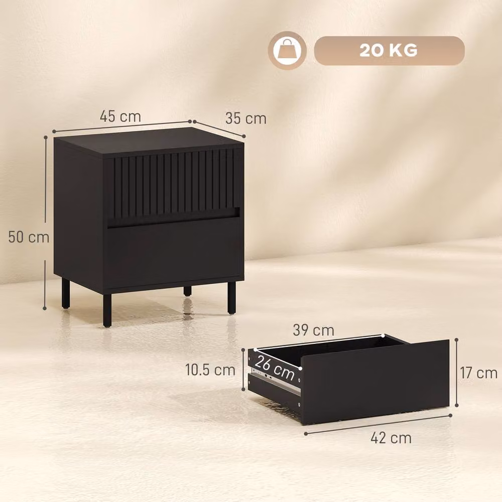 HOMCOM Modern Black Bedside Cabinet with 2 Drawers and Metal Legs – 3
