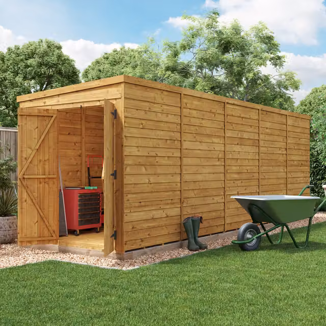 BillyOh Switch Overlap Pent Wooden Garden Shed in Brown with Double Doors and Floor, W/D/H: 609.6 x 353.58 x 182.88 cm