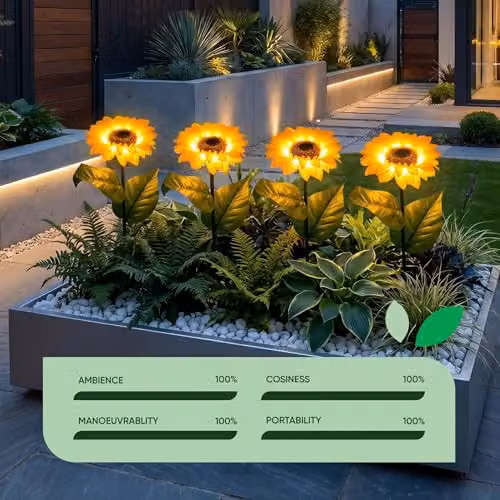 Gardenwize Pack of 4 Solar LED Sunflower Stake Lights in Yellow and Multicolour with Dusk Sensor and Ground Spike – 4