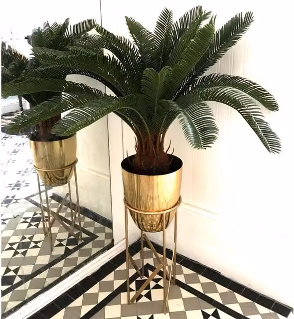 110cm Artificial Green Cycas Palm with Gold Metal Stand and Planter