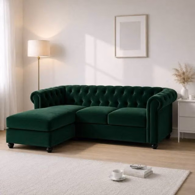 Sofaya Hampton 3 Seater L Shape Chesterfield Sofa in Green Velvet with Left Hand Chaise – 1
