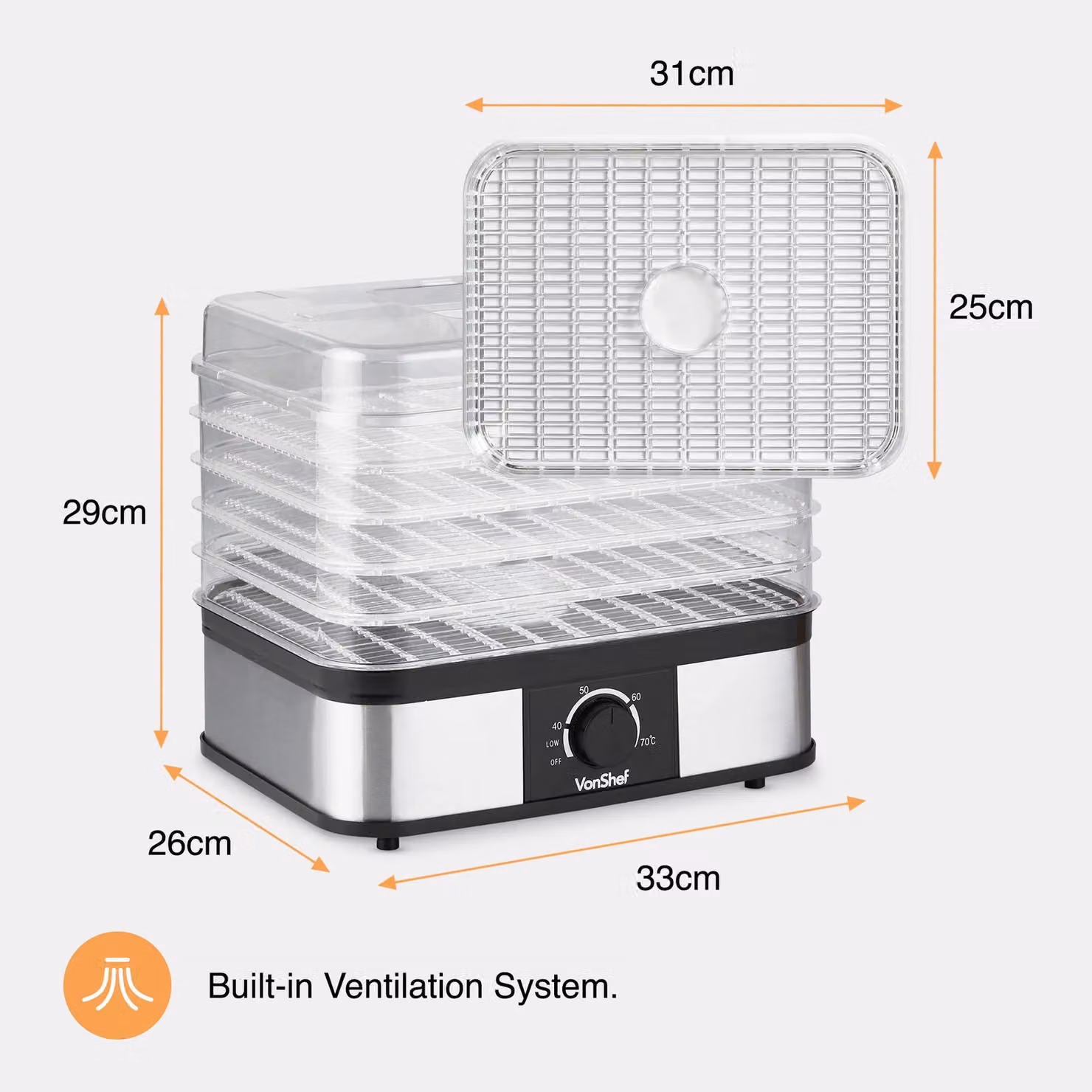 VonShef 5 Tier Temperature Controlled Food Dehydrator in Silver Stainless Steel – 2