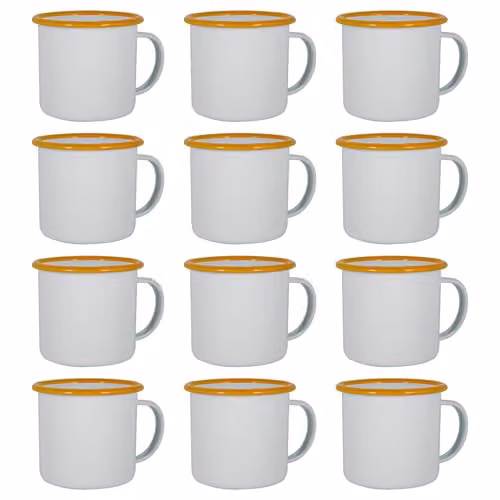 Argon Tableware White Enamel Mugs in Yellow, Set of 12, 375ml