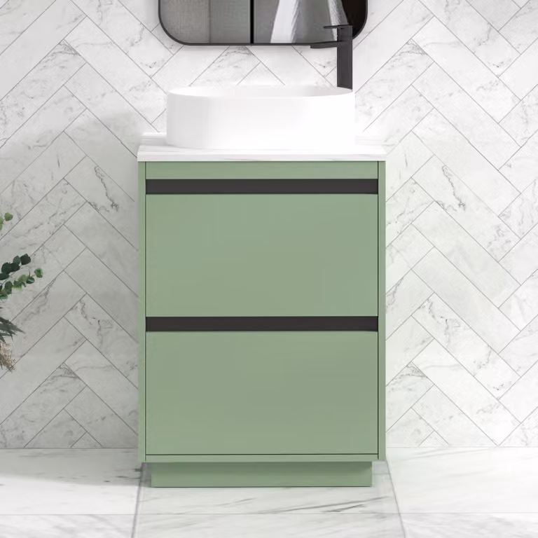 Royal Bathrooms Orion 600mm Mint Sage Floor Standing Bathroom Vanity Unit with 2 Drawers, Peak Basin and Black Accent Trim