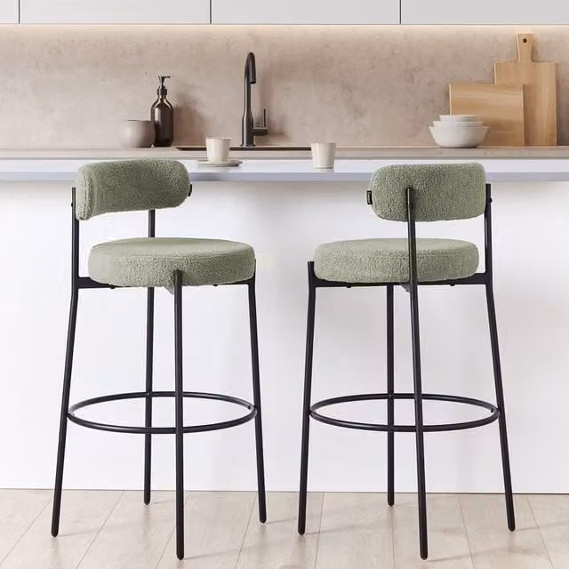 Wyld Haus Set of 2 Light Green Boucle Bar Stools with Black Metal Legs – 1