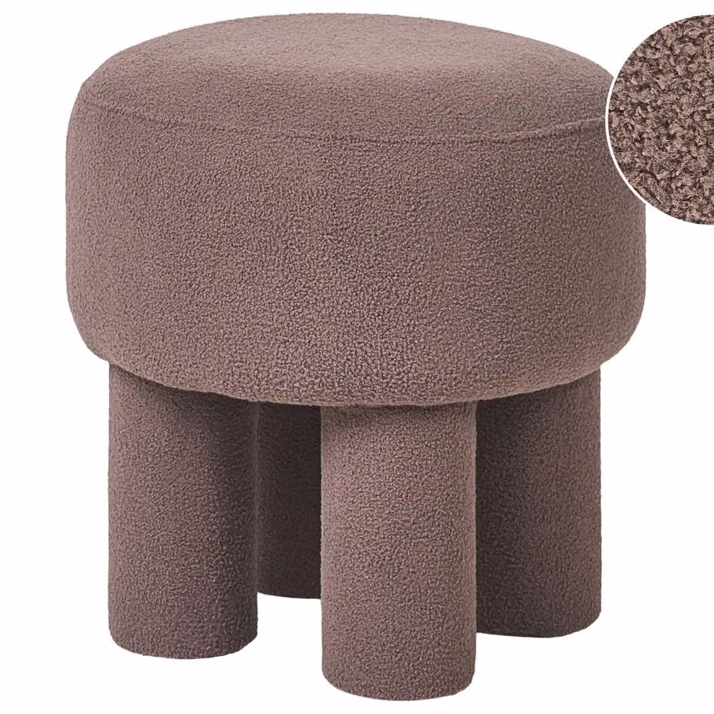Wyld and Coco Brown Bouclé Cylindrical Footstool Pouffe with Upholstered Legs – 2