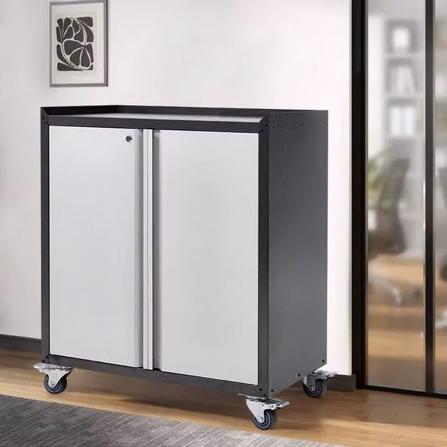 EONLION Lockable Metal Filing Cabinet with 2 Hinged Doors and Adjustable Shelves in Grey, Height: 100 cm