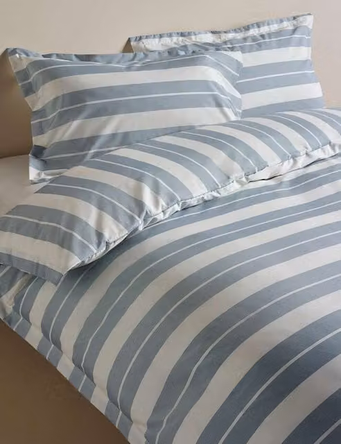 M&S Egyptian Cotton Wide Stripe Printed Bedding Set in Slate Blue, W: 140 cm, L: 200 cm