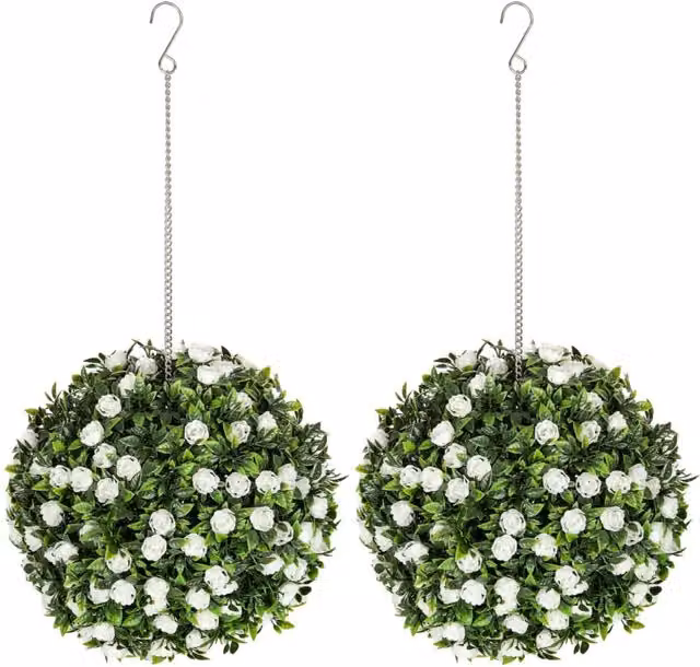 Dyzi Set of Two Pink and White Hanging Round Plastic Rose Topiary Balls