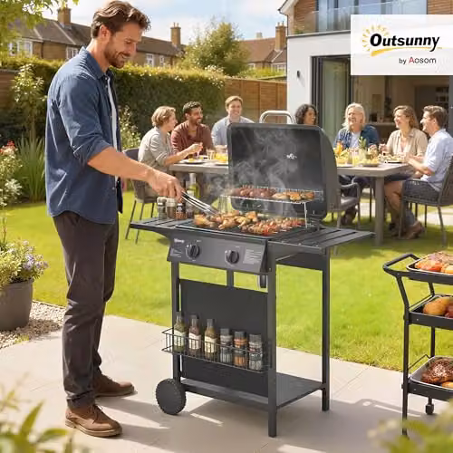 Outsunny Gas Barbecue Grill with Warming Rack, Thermometer and Wheels, Black – 2