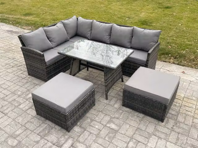 Fimous Rattan Garden Furniture Corner Sofa Set with Oblong Dining Table and 2 Footstools in Dark Grey