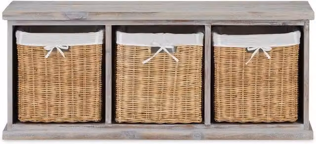 Tetbury Acacia Bench with Storage Baskets in Grey-Wash Acacia, W: 112 cm, H: 46 cm, D: 40 cm