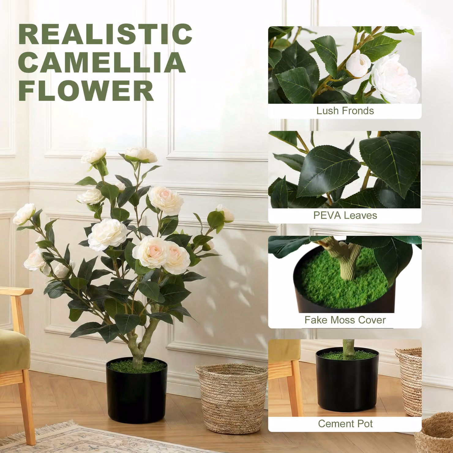 HOMCOM White Artificial Camellia Flower Plant in Pot with 116 Leaves, Height: 65 cm – 3