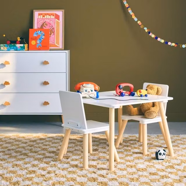 Sweekeek White Square Table with 2 Chairs and Pine Legs, W/D/H: 60 x 60 x 43 cm