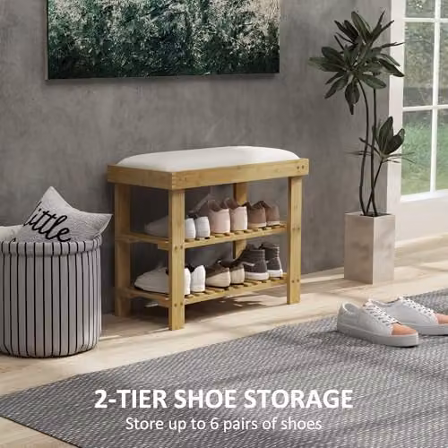 HOMCOM 3-Tier Bamboo Shoe Storage Bench with Upholstered Seat, White and Beige, W/D/H: 120 x 29 x 49 cm – 4