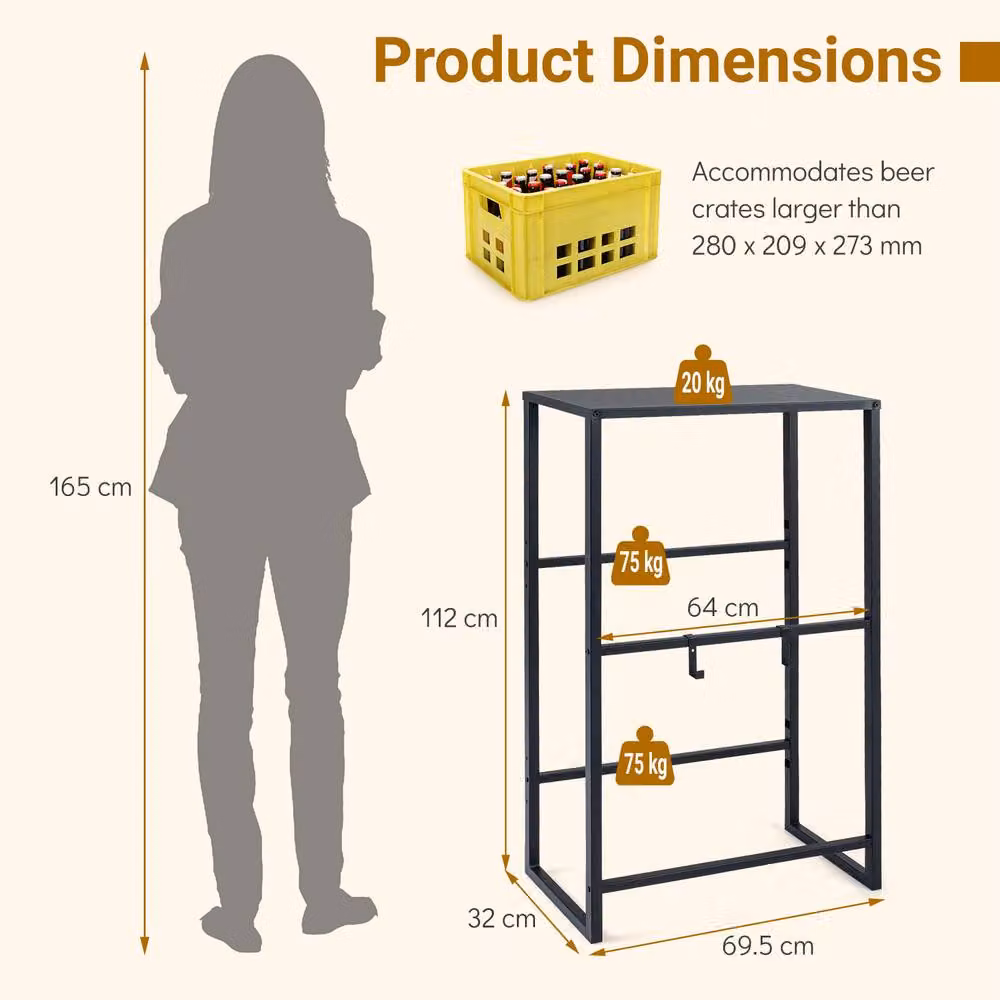 Gymax 3-Tier Metal Wine Rack and Drink Storage Shelf in Black, Height: 112 cm – 2
