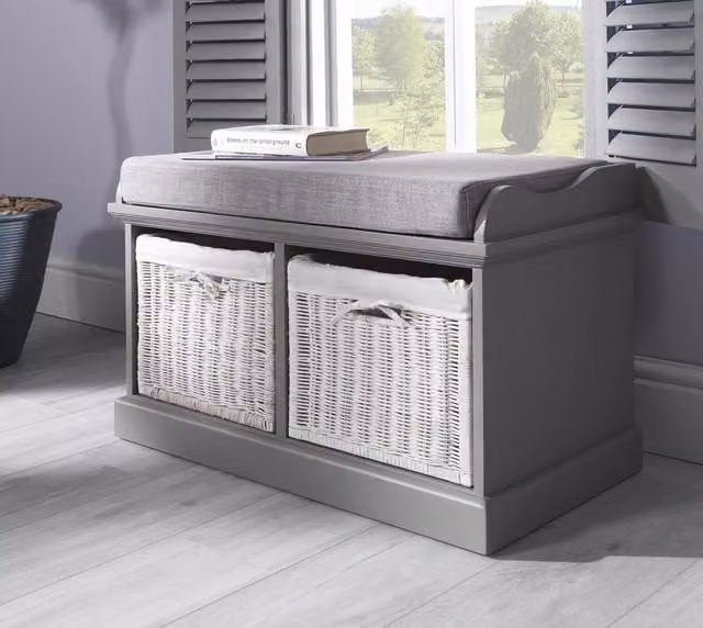 Tetbury Bench with 2 White Rattan Baskets in Dove Grey, W/D/H: 76 x 40 x 46 cm