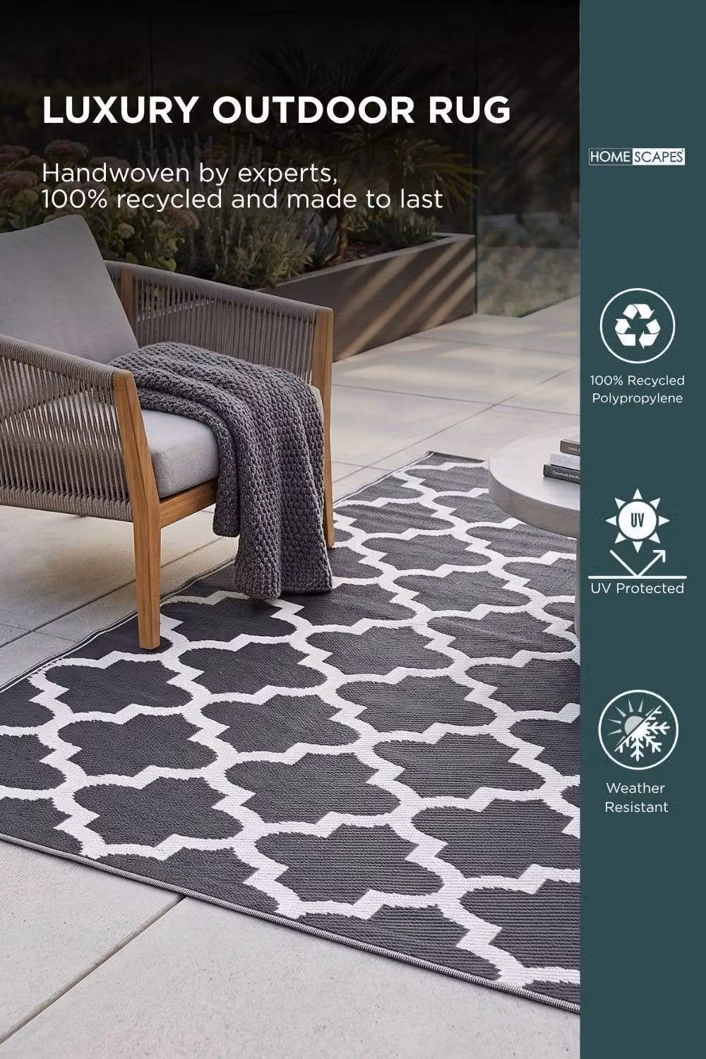 Homescapes Luxury Outdoor Rug Black and White Nola Geometric Reversible W/D: 240 x 300 cm – 2