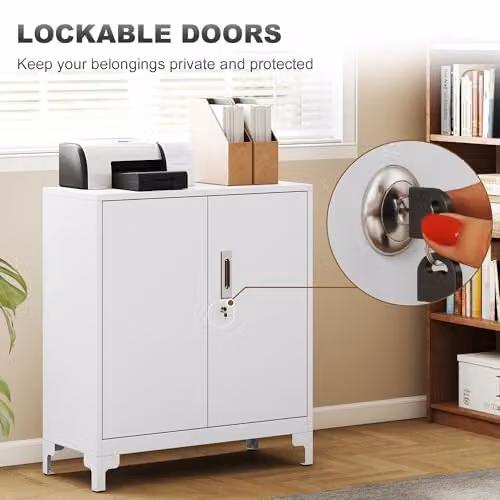 HOMCOM Lockable Metal Filing Cabinet with 2-Tier Storage and Hinged Doors, White, W: 80 cm, D: 35 cm, H: 91 cm – 3