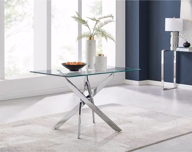 FurnitureboxUK Leonardo 4-Seater Dining Set with Rectangular Glass Table and 4 Navy Pesaro Chairs with Silver Legs