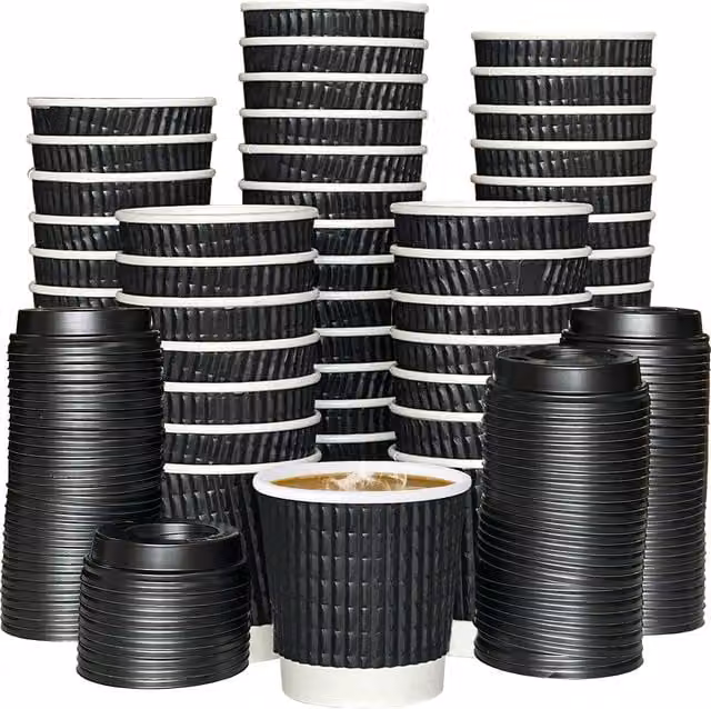 ECONX Black Disposable Kraft Paper Ripple Mugs with Lids, 100 Pack