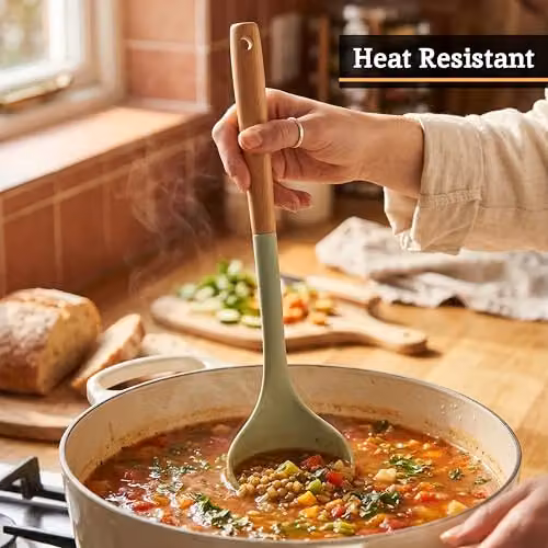 Premier Housewares Sage Green Silicone Head Ladle with Round Wood Handle, Heat-Resistant and Non-Scratch Kitchen Serving Spoon with Hanging Loop – 3