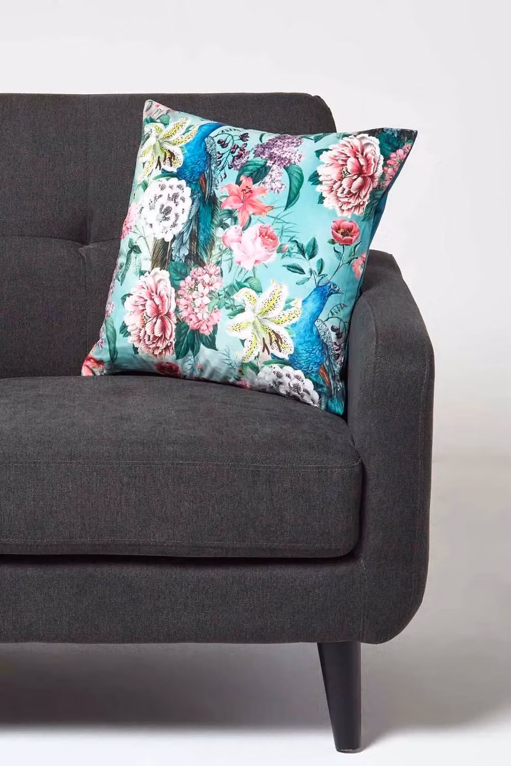 Homescapes Pink and Green Floral Velvet Square Cushion with Microfibre Filling W/D/H: 46 x 46 x 46 cm – 2