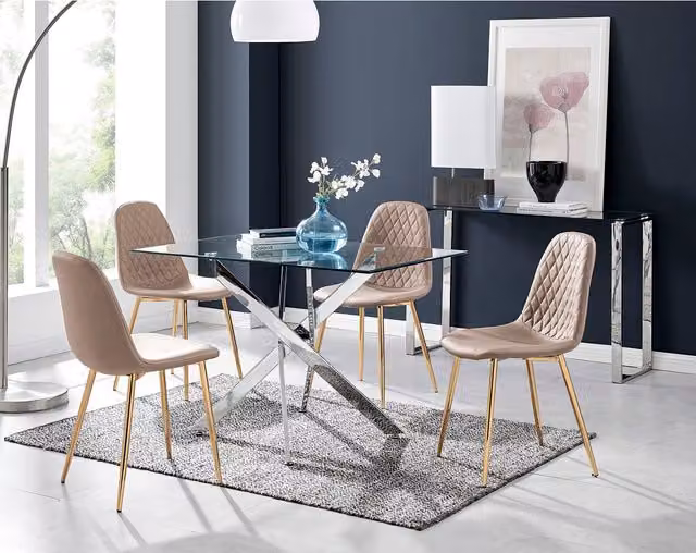 FurnitureboxUK Leonardo Rectangular Glass Dining Table and Four Corona Gold Chairs Set in Cappuccino, W/D/H: 120 x 70 x 70 cm