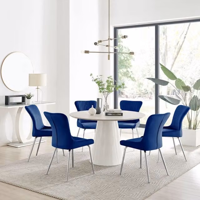 Furniturebox Palma Beige Stone Effect Round Dining Table and 6 Nora Blue Chairs with Silver Legs