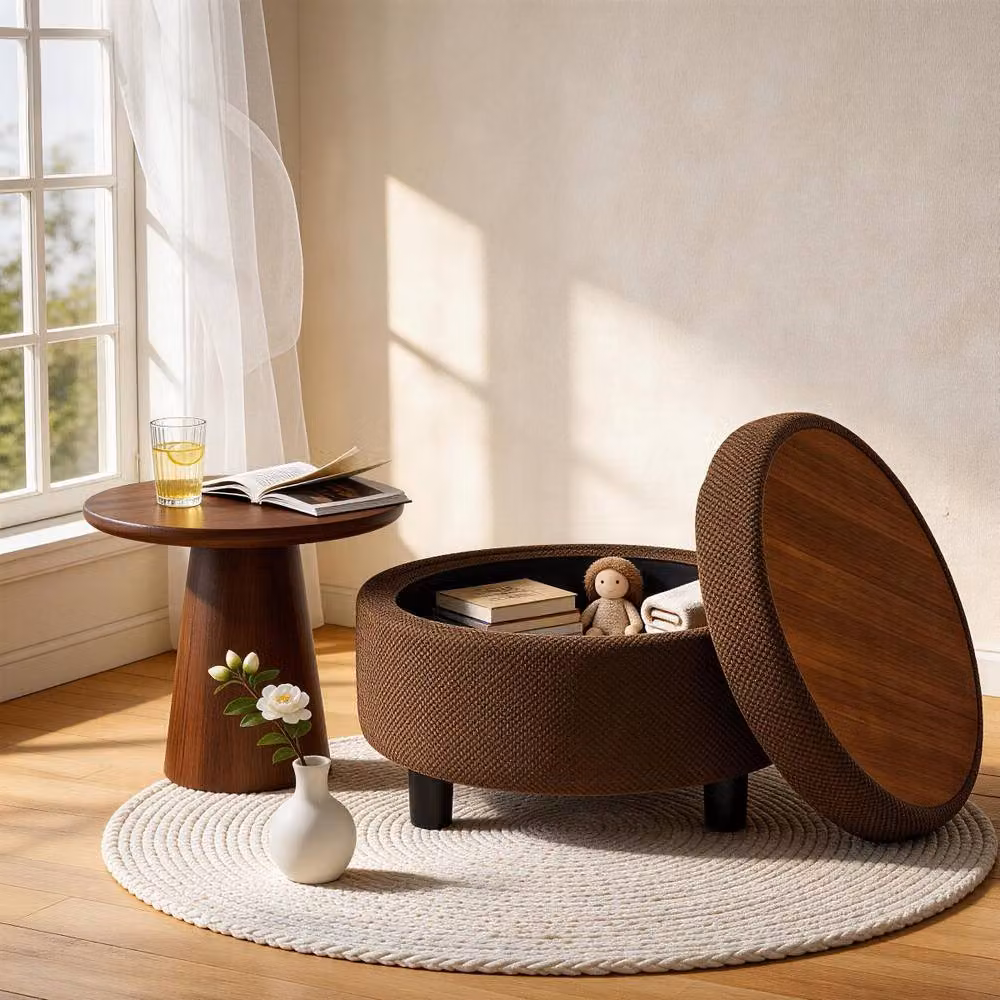 Rolipo Round Storage Ottoman and Coffee Table with Tray in Brown Nubby Fabric Upholstery – 7
