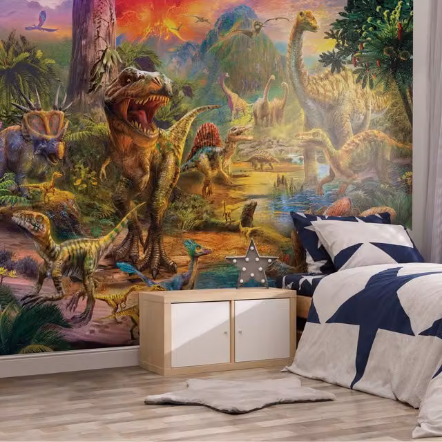 Walltastic Landscape of Dinosaurs Wall Mural in Multicolour and Brown