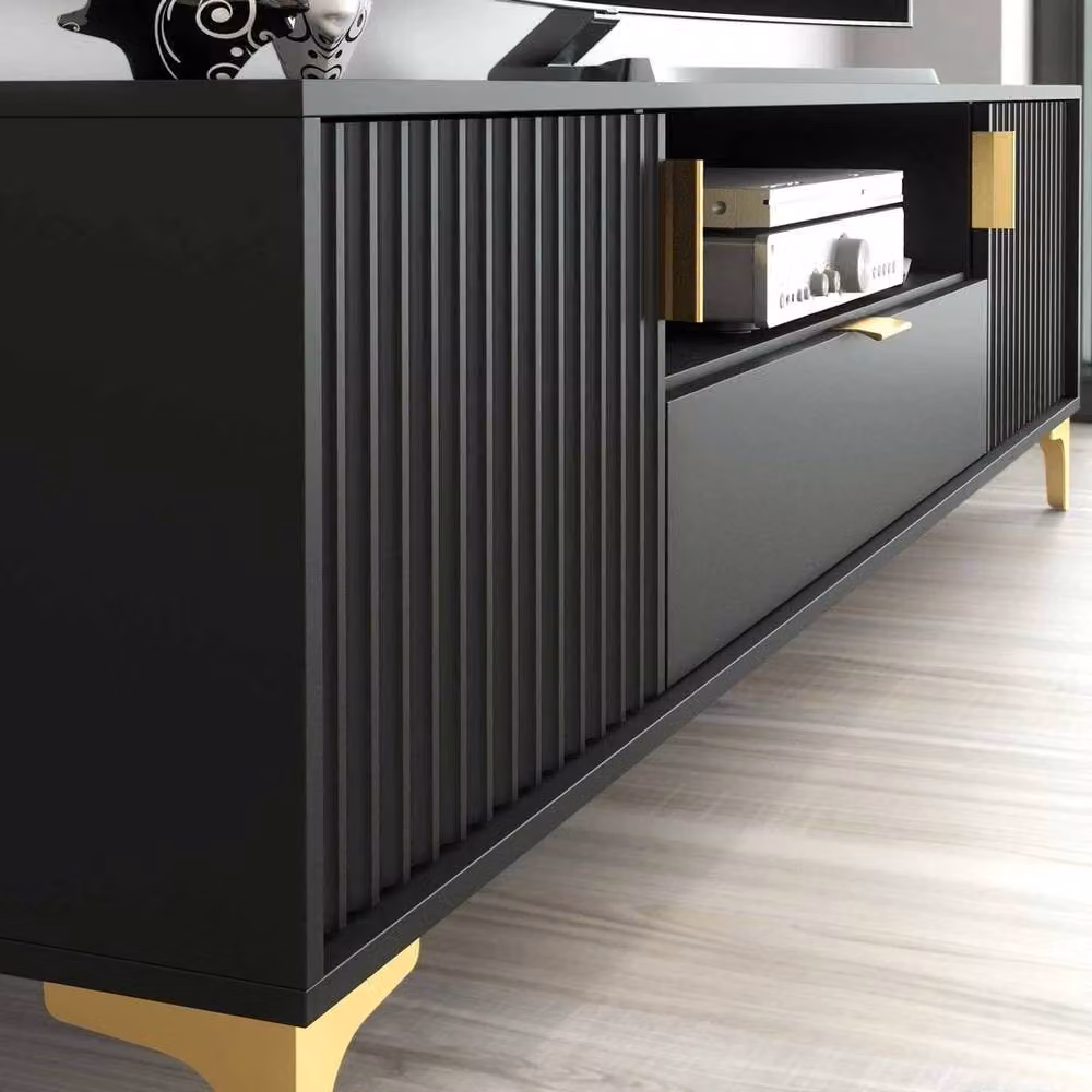 FORGEVIO Modern Black and Gold Fluted Wood TV Unit Sideboard with Media Storage – 2