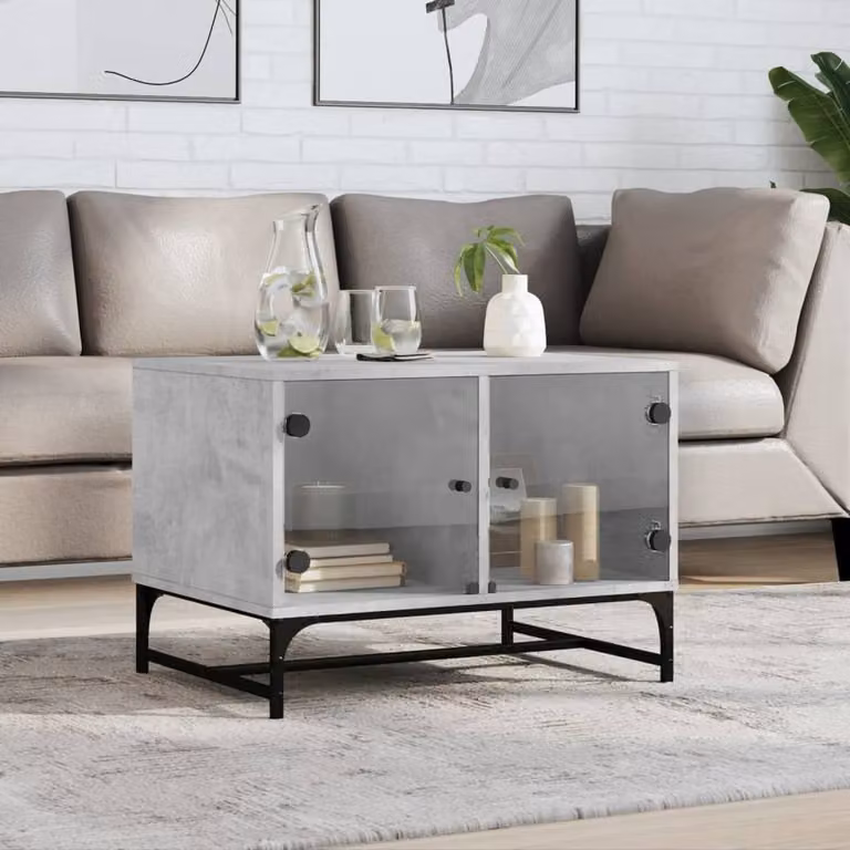 Berkfield Home Modern Coffee Table with Glass Doors in Grey, W/D/H: 68.5 x 50 x 50 cm
