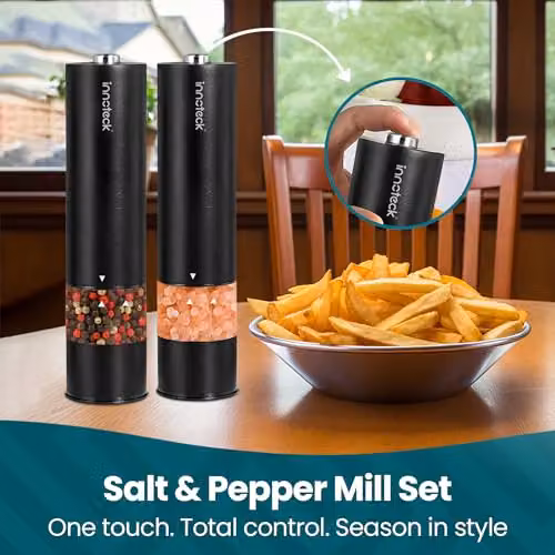 Innoteck Electric Salt and Pepper Mill Set with Ceramic Grinder and Integrated Light, Battery-Operated, Black – 5