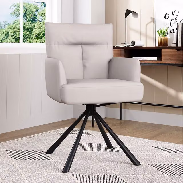 Livingandhome Modern Velvet Swivel Armchair with Armrests and Metal Legs in Beige and White