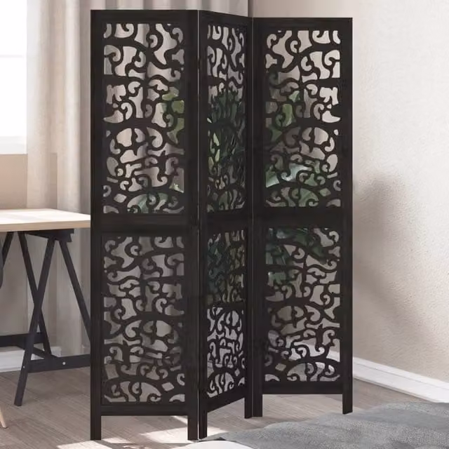 Berkfield Home 3-Panel Black Solid Paulownia Wood Room Divider