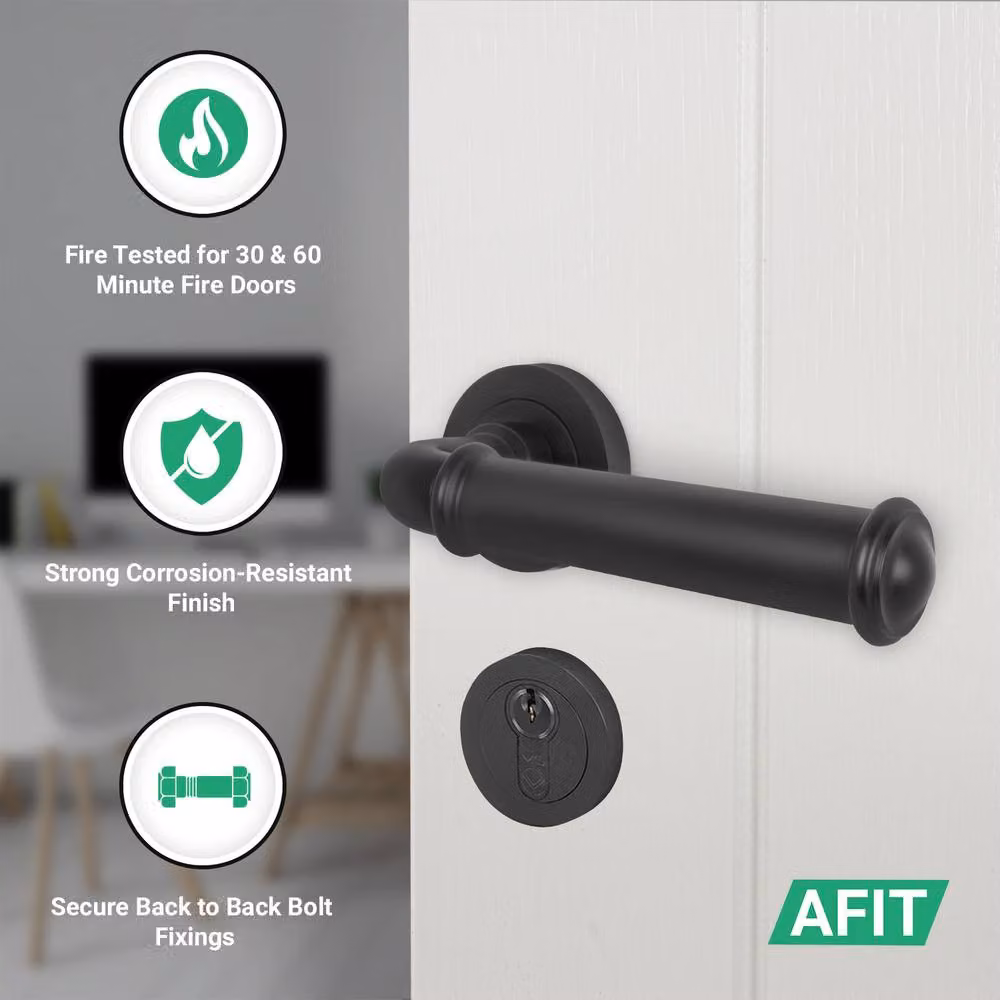 AFIT Black Fire Door Handle Set with Euro Lock, Double Cylinder and Matt Aluminium Hinges – 2