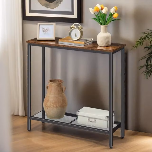Rafaelo Mobilia Industrial Console Table with Mesh Shelf in Brown and Black, W/D/H: 75 x 24 x 75 cm – 1