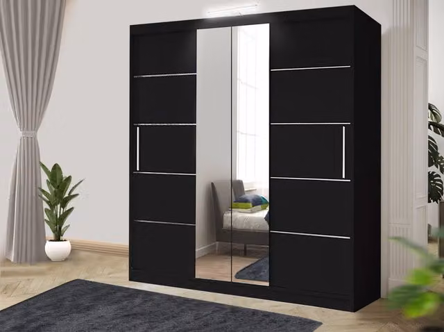 RAC3 Oslo Modern Grey and Black Sliding Bedroom Wardrobe with LED Lighting, Mirror and Internal Drawers, W: 150 cm